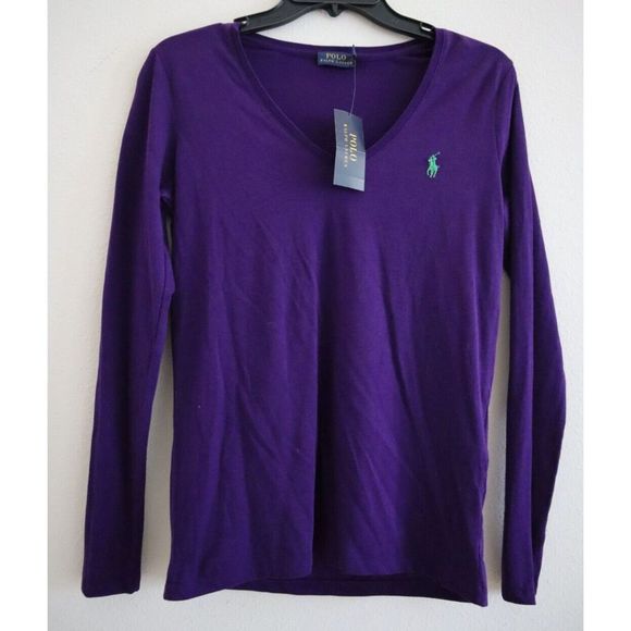 Polo Ralph Lauren 211632862016 Women's Sz Small Purple Ribbed V-Neck L/S T-Shirt - Picture 1 of 6